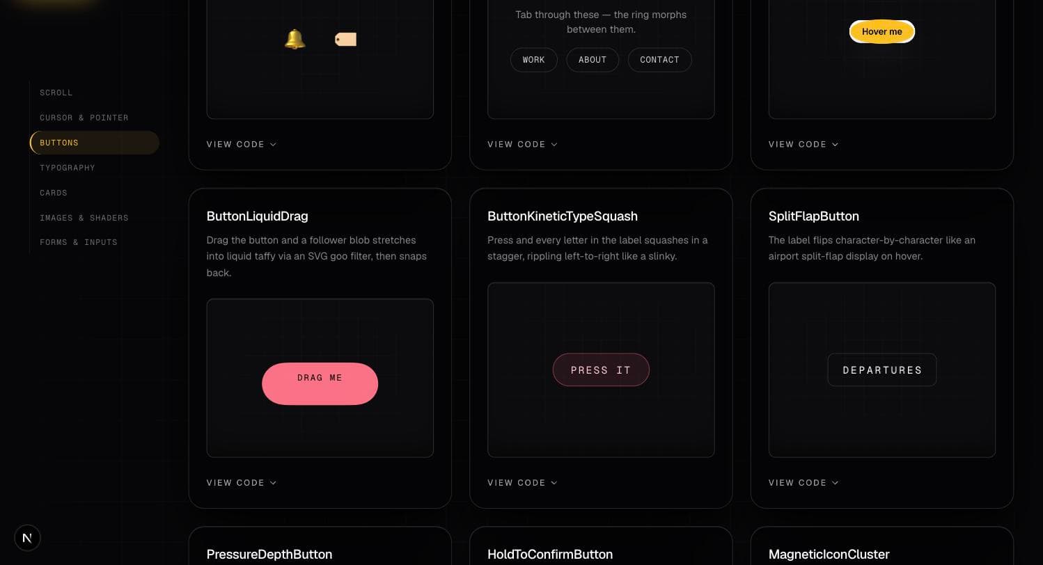 Kryntix Motion button primitives — liquid morph, drag, kinetic squash, split-flap