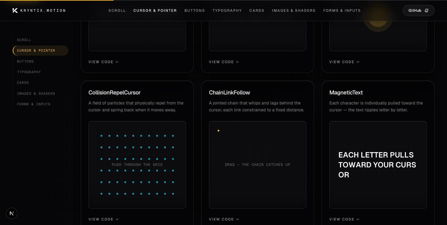 Kryntix Motion cursor primitives — collision repel grid, chain-link follow, magnetic text