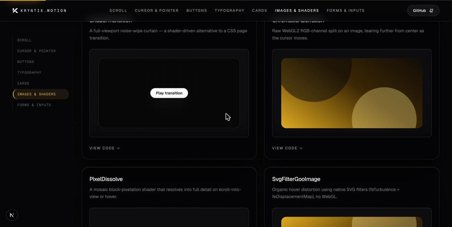 Kryntix Motion shader primitives — chromatic aberration, pixel dissolve